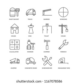 Set Of 16 simple line icons such as Measuring tape, Screwdriver, Concrete mixer, Dumper, Wrench, Paint bucket, House, Calculator, Toilet, editable stroke icon pack, pixel perfect