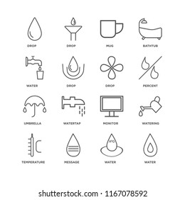 Set Of 16 simple line icons such as Water, Message, Temperature, Watering, Drop, Umbrella, editable stroke icon pack, pixel perfect