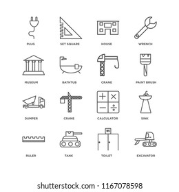 Set Of 16 simple line icons such as Excavator, Toilet, Tank, Ruler, Sink, Plug, Museum, Dumper, Crane, editable stroke icon pack, pixel perfect