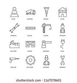 Set Of 16 simple line icons such as Wrench, Worker, Settings, Driller, Plug, Cone, Factory, Crane, editable stroke icon pack, pixel perfect