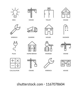 Set Of 16 simple line icons such as House, Wrench, Crane, Calculator, Idea, Plug, editable stroke icon pack, pixel perfect