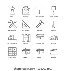 Set Of 16 simple line icons such as Barrier, Crane, Calculator, Dumper, Sink, Screwdriver, Measuring tape, Wrench, editable stroke icon pack, pixel perfect