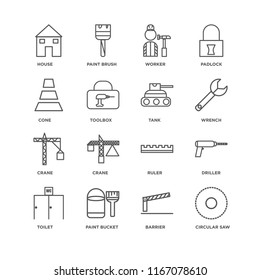 Set Of 16 simple line icons such as Circular saw, Barrier, Paint bucket, Toilet, Driller, House, Cone, Crane, Tank, editable stroke icon pack, pixel perfect