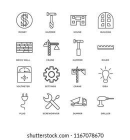 Set Of 16 simple line icons such as Driller, Dumper, Screwdriver, Plug, Idea, Money, Brick wall, Voltmeter, Hammer, editable stroke icon pack, pixel perfect