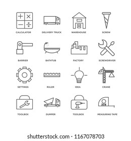 Set Of 16 simple line icons such as Measuring tape, Toolbox, Dumper, Crane, Calculator, Barrier, Settings, Factory, editable stroke icon pack, pixel perfect