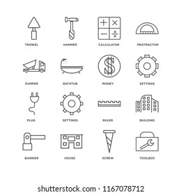 Set Of 16 simple line icons such as Toolbox, Screw, House, Barrier, Building, Trowel, Dumper, Plug, Money, editable stroke icon pack, pixel perfect