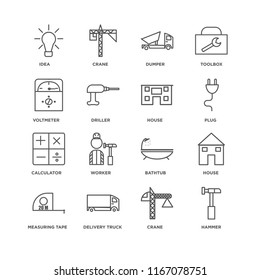 Set Of 16 simple line icons such as Hammer, Crane, Delivery truck, Measuring tape, House, Idea, Voltmeter, Calculator, editable stroke icon pack, pixel perfect