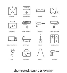 Set Of 16 simple line icons such as Driller, Cone, Toolbox, Plug, Calculator, Castle, Delivery truck, editable stroke icon pack, pixel perfect
