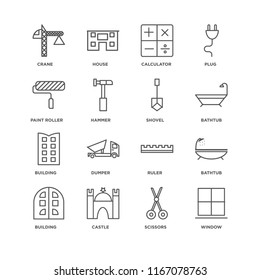 Set Of 16 simple line icons such as Window, Scissors, Castle, Building, Bathtub, Crane, Paint roller, Shovel, editable stroke icon pack, pixel perfect