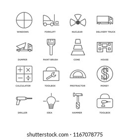 Set Of 16 simple line icons such as Toolbox, Hammer, Idea, Driller, Money, Windows, Dumper, Calculator, Cone, editable stroke icon pack, pixel perfect