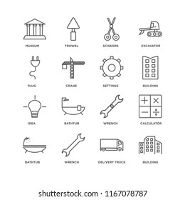 Set Of 16 simple line icons such as Building, Delivery truck, Wrench, Bathtub, Calculator, Museum, Plug, Idea, Settings, editable stroke icon pack, pixel perfect