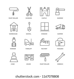 Set Of 16 simple line icons such as Wrench, Paint roller, House, Cone, Toolbox, Warehouse, Worker, Window, editable stroke icon pack, pixel perfect