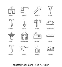 Set Of 16 simple line icons such as Dumper, Worker, Driller, Hammer, Ruler, House, Sink, Crane, editable stroke icon pack, pixel perfect