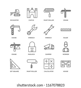 Set Of 16 simple line icons such as House, Calculator, Paint roller, square, Worker, Excavator, Crane, Wrench, editable stroke icon pack, pixel perfect