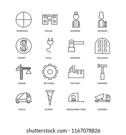 Set Of 16 simple line icons such as Dumper, Measuring tape, Screw, Truck, Hammer, Windows, Money, Crane, Barrier, editable stroke icon pack, pixel perfect