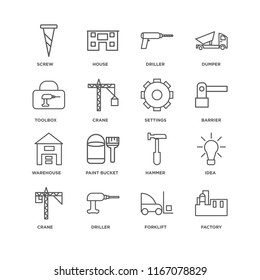 Set Of 16 simple line icons such as Factory, Forklift, Driller, Crane, Idea, Screw, Toolbox, Warehouse, Settings, editable stroke icon pack, pixel perfect