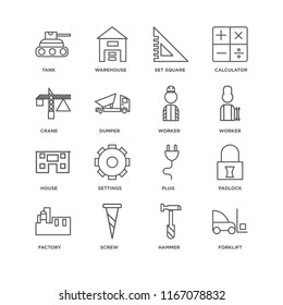 Set Of 16 simple line icons such as Forklift, Hammer, Screw, Factory, Padlock, Tank, Crane, House, Worker, editable stroke icon pack, pixel perfect