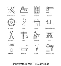 Set Of 16 simple line icons such as Paint bucket, Screw, Bathtub, Hammer, House, Screwdriver, Settings, Scissors, editable stroke icon pack, pixel perfect