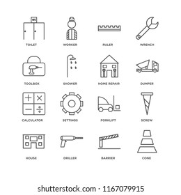 Set Of 16 simple line icons such as Cone, Barrier, Driller, House, Screw, Toilet, Toolbox, Calculator, Home repair, editable stroke icon pack, pixel perfect