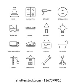 Set Of 16 simple line icons such as Scissors, Wrench, Warehouse, Crane, Bathtub, Cone, Forklift, Delivery truck, Trowel, editable stroke icon pack, pixel perfect