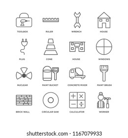 Set Of 16 simple line icons such as Worker, Calculator, Circular saw, Brick wall, Paint brush, Toolbox, Plug, Nuclear, House, editable stroke icon pack, pixel perfect