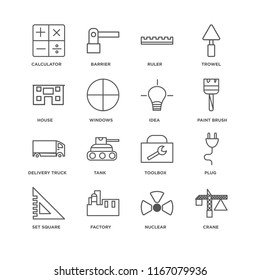 Set Of 16 simple line icons such as Crane, Nuclear, Factory, square, Plug, Calculator, House, Delivery truck, Idea, editable stroke icon pack, pixel perfect