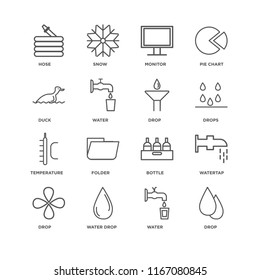 Set Of 16 simple line icons such as Drop, Water, Water drop, Watertap, Hose, Duck, Temperature, editable stroke icon pack, pixel perfect