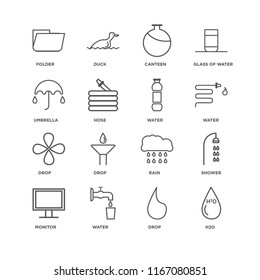 Set Of 16 simple line icons such as H2o, Drop, Water, Monitor, Shower, Folder, Umbrella, editable stroke icon pack, pixel perfect