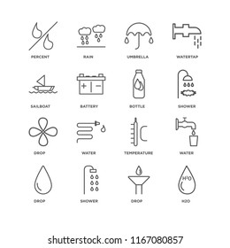 Set Of 16 simple line icons such as H2o, Drop, Shower, Water, Percent, Sailboat, Bottle, editable stroke icon pack, pixel perfect