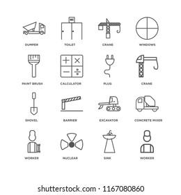 Set Of 16 simple line icons such as Worker, Sink, Nuclear, Concrete mixer, Dumper, Paint brush, Shovel, Plug, editable stroke icon pack, pixel perfect