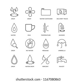 Set Of 16 simple line icons such as Faucet, Percent, Water drop, Drop, Umbrella, Water, Temperature, editable stroke icon pack, pixel perfect