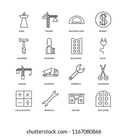 Set Of 16 simple line icons such as Building, House, Wrench, Calculator, Scissors, Sink, Hammer, Crane, editable stroke icon pack, pixel perfect