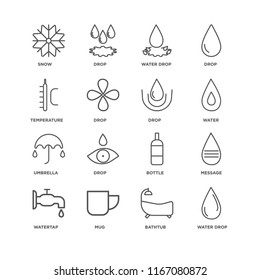 Set Of 16 simple line icons such as Water drop, Bathtub, Mug, Watertap, Message, Snow, Temperature, Umbrella, Drop, editable stroke icon pack, pixel perfect