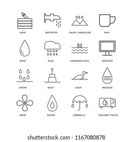 Set Of 16 simple line icons such as Delivery truck, Umbrella, Water, Drop, Message, Hose, Drops, Swimming pool, editable stroke icon pack, pixel perfect