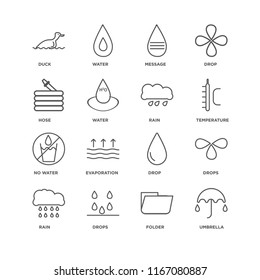 Set Of 16 simple line icons such as Umbrella, Folder, Drops, Rain, Duck, Hose, No water, editable stroke icon pack, pixel perfect