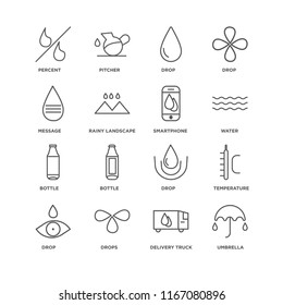 Set Of 16 simple line icons such as Umbrella, Delivery truck, Drops, Drop, Temperature, Percent, Message, Bottle, Smartphone, editable stroke icon pack, pixel perfect