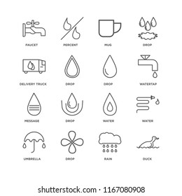Set Of 16 simple line icons such as Duck, Rain, Drop, Umbrella, Water, Faucet, Delivery truck, Message, editable stroke icon pack, pixel perfect