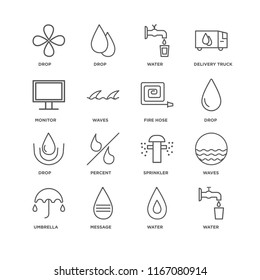 Set Of 16 simple line icons such as Water, Message, Umbrella, Waves, Drop, Monitor, Fire Hose, editable stroke icon pack, pixel perfect