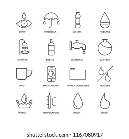 Set Of 16 simple line icons such as Drop, Temperature, Water, Percent, Shower, Mug, Watertap, editable stroke icon pack, pixel perfect