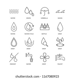 Set Of 16 simple line icons such as Faucet, Drop, Water, Percent, Bottle, editable stroke icon pack, pixel perfect