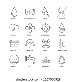 Set Of 16 simple line icons such as Drop, Sailboat, Tap, Waves, Temperature, Storm, Battery, Water cycle, editable stroke icon pack, pixel perfect