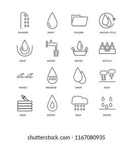 Set Of 16 simple line icons such as Drops, Rain, Water, Hose, Shower, Drop, Waves, editable stroke icon pack, pixel perfect