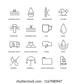 Set Of 16 simple line icons such as Shower, Water Container, Umbrella, Percent, Drop, Swimming pool, Sprinkler, Delivery truck, Mug, editable stroke icon pack, pixel perfect