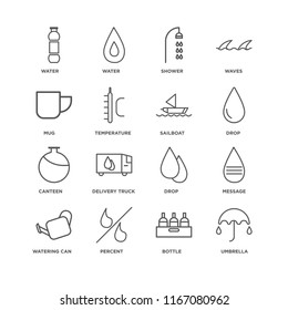 Set Of 16 simple line icons such as Umbrella, Bottle, Percent, Watering Can, Message, Water, Mug, Canteen, Sailboat, editable stroke icon pack, pixel perfect