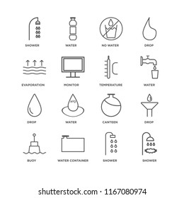 Set Of 16 simple line icons such as Shower, Water Container, Buoy, Drop, Evaporation, Temperature, editable stroke icon pack, pixel perfect