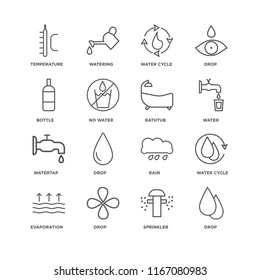 Set Of 16 simple line icons such as Drop, Sprinkler, Evaporation, Water cycle, Temperature, Bottle, Watertap, Bathtub, editable stroke icon pack, pixel perfect