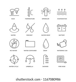 Set Of 16 simple line icons such as Fire Hose, Shower, Umbrella, Water cycle, Watering Can, Rain, Water, No water, drop, editable stroke icon pack, pixel perfect
