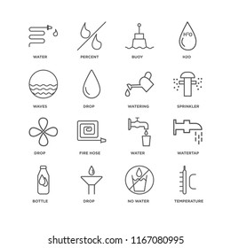 Set Of 16 simple line icons such as Temperature, No water, Drop, Bottle, Watertap, Water, Waves, Watering, editable stroke icon pack, pixel perfect