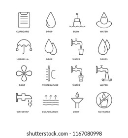 Set Of 16 simple line icons such as No water, Drop, Evaporation, Watertap, Water, Clipboard, Umbrella, editable stroke icon pack, pixel perfect