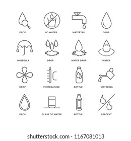 Set Of 16 simple line icons such as Percent, Bottle, Glass of water, Drop, Watering, Umbrella, Water drop, editable stroke icon pack, pixel perfect
